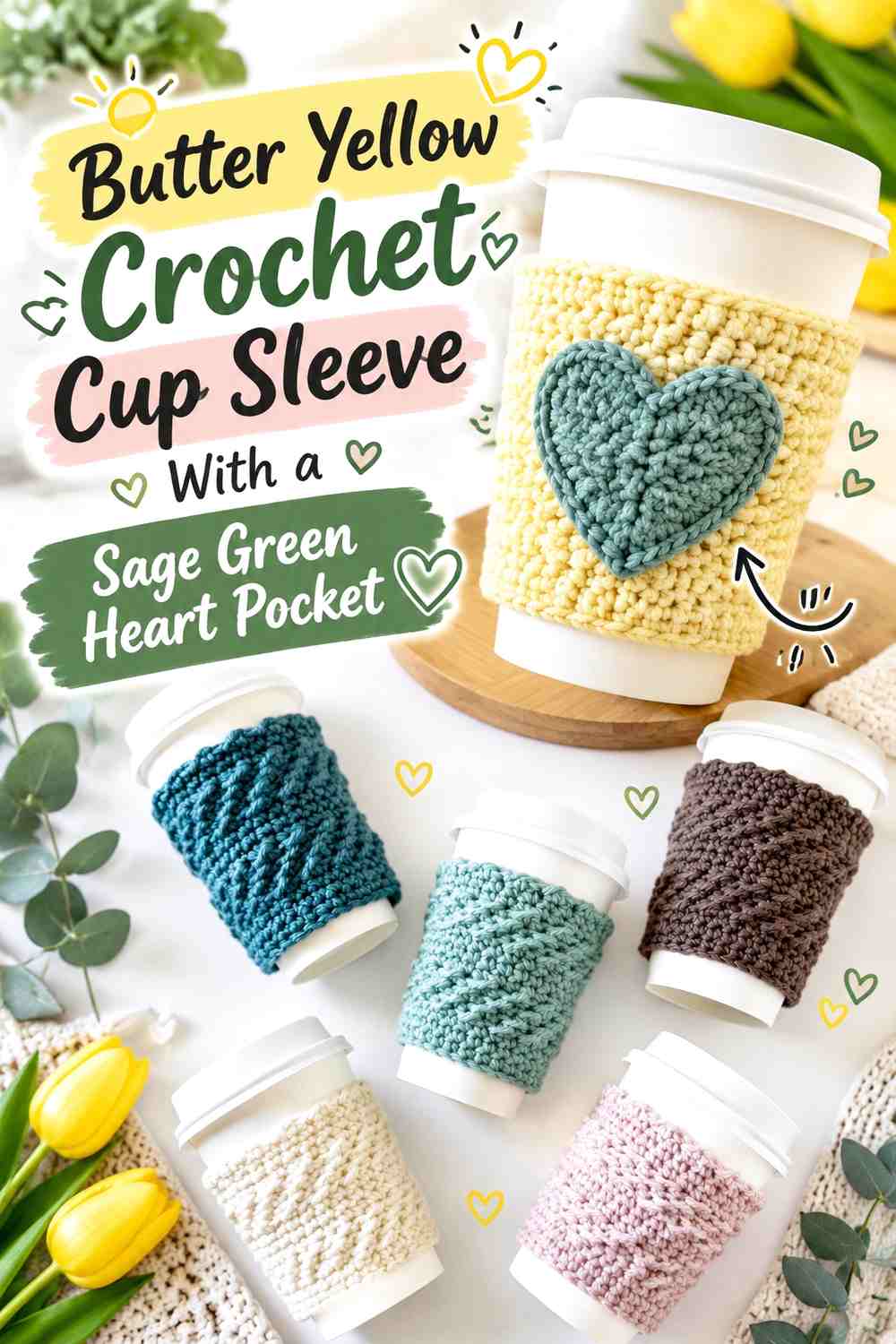 Butter Yellow Crochet Cup Sleeve With a Sage Green Heart Pocket