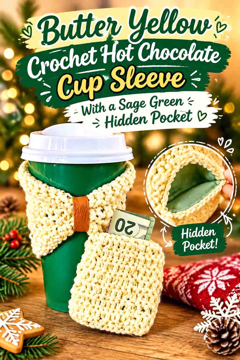 Butter Yellow Crochet Hot Chocolate Cup Sleeve With a Sage Green Hidden Pocket