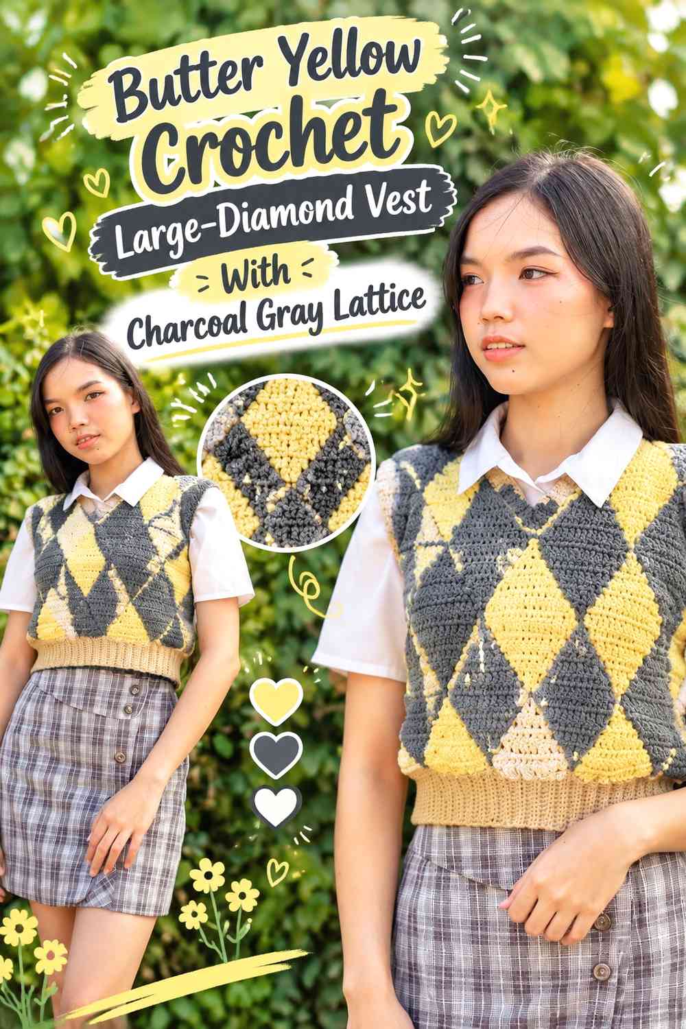 Butter Yellow Crochet Large-Diamond Vest With Charcoal Gray Lattice