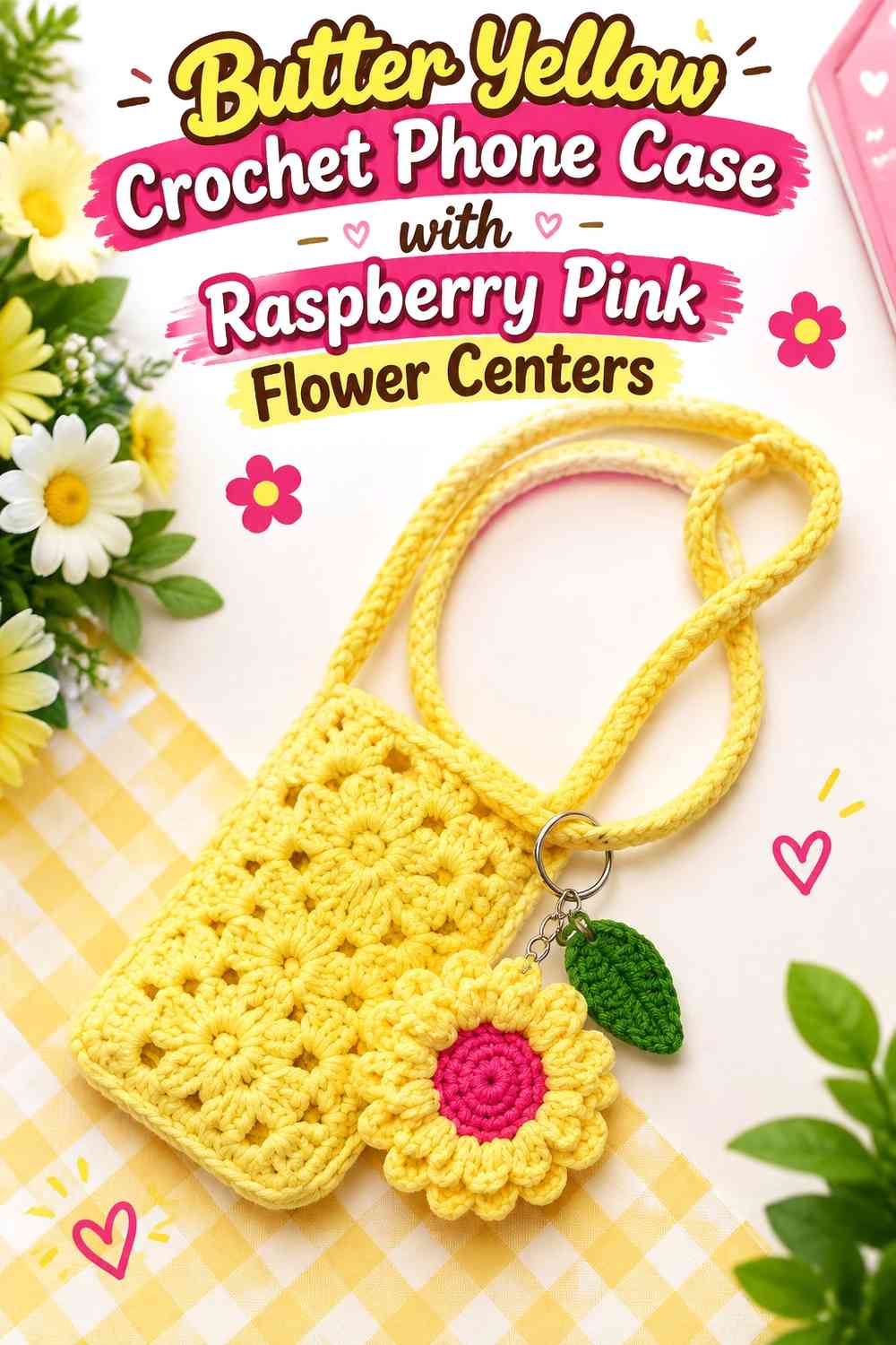 Butter Yellow Crochet Phone Case with Raspberry Pink Flower Centers