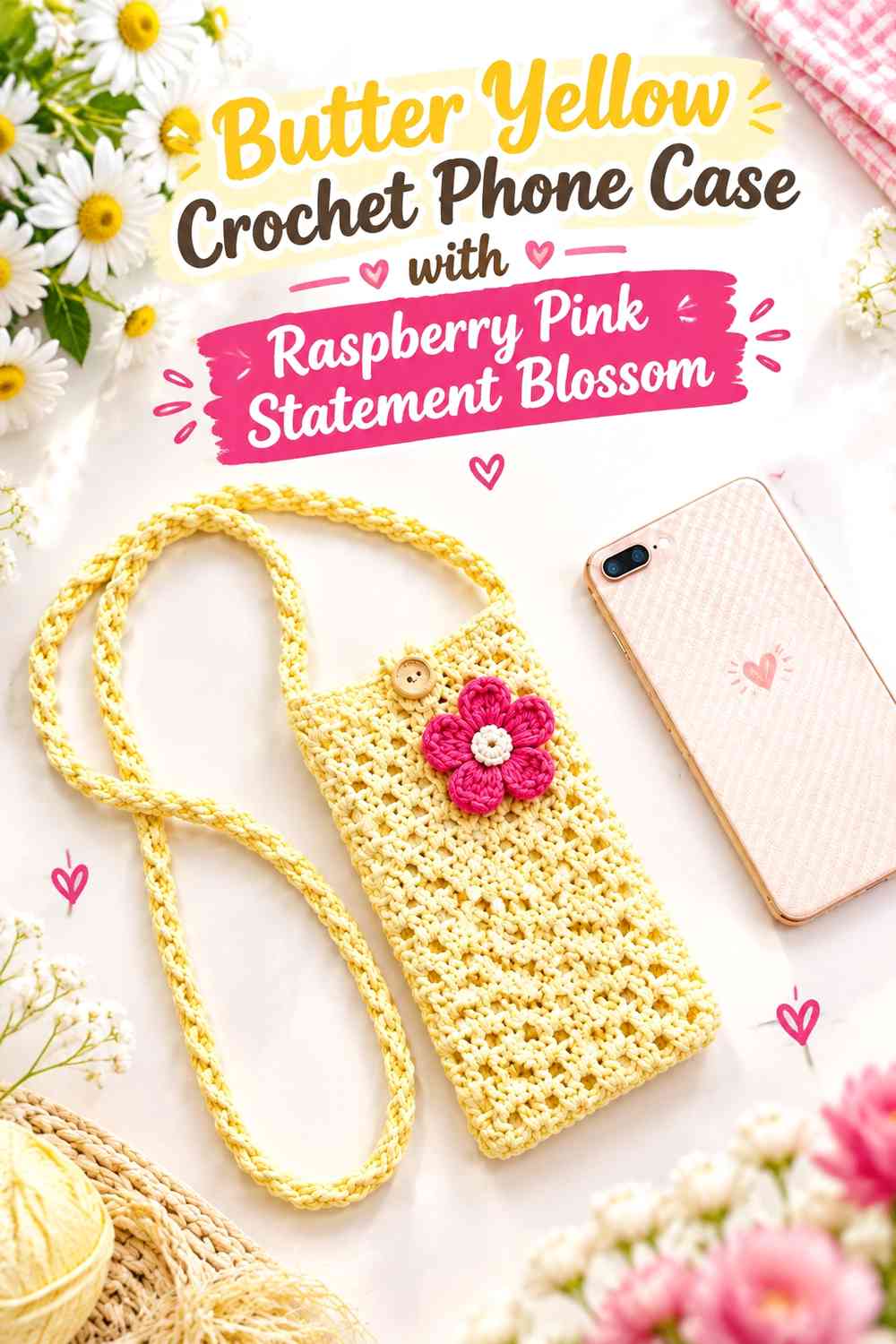 Butter Yellow Crochet Phone Case with Raspberry Pink Statement Blossom
