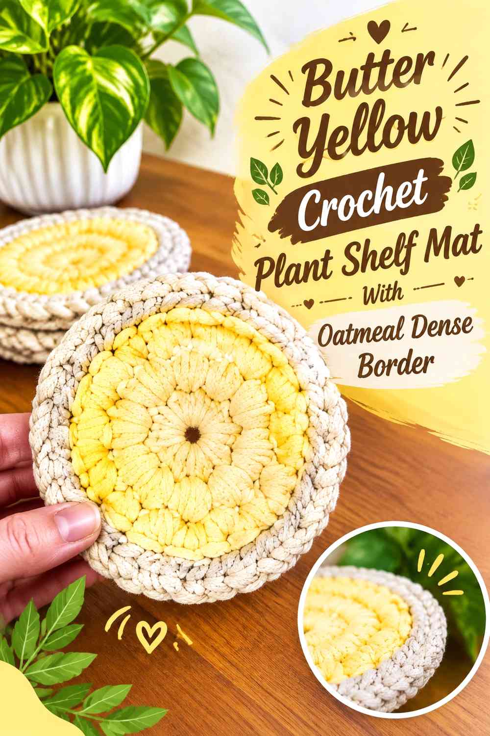 Butter Yellow Crochet Plant Shelf Mat With Oatmeal Dense Border