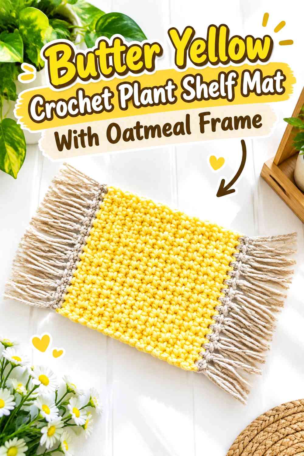 Butter Yellow Crochet Plant Shelf Mat With Oatmeal Frame