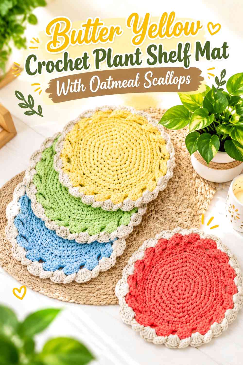 Butter Yellow Crochet Plant Shelf Mat With Oatmeal Scallops
