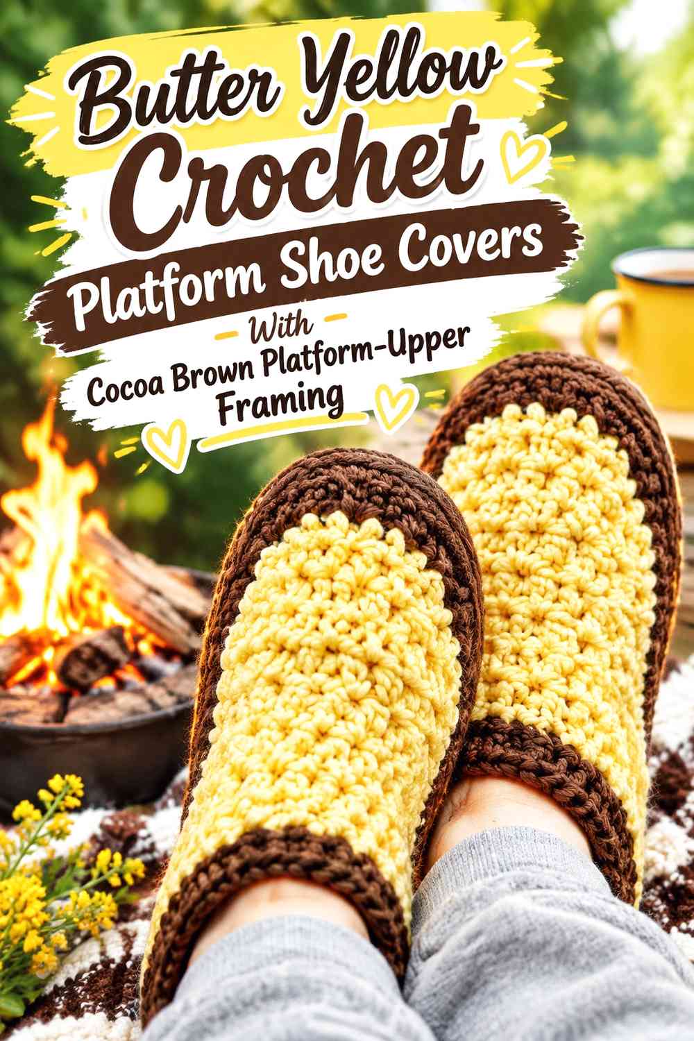 Butter Yellow Crochet Platform Shoe Covers With Cocoa Brown Platform-Upper Framing