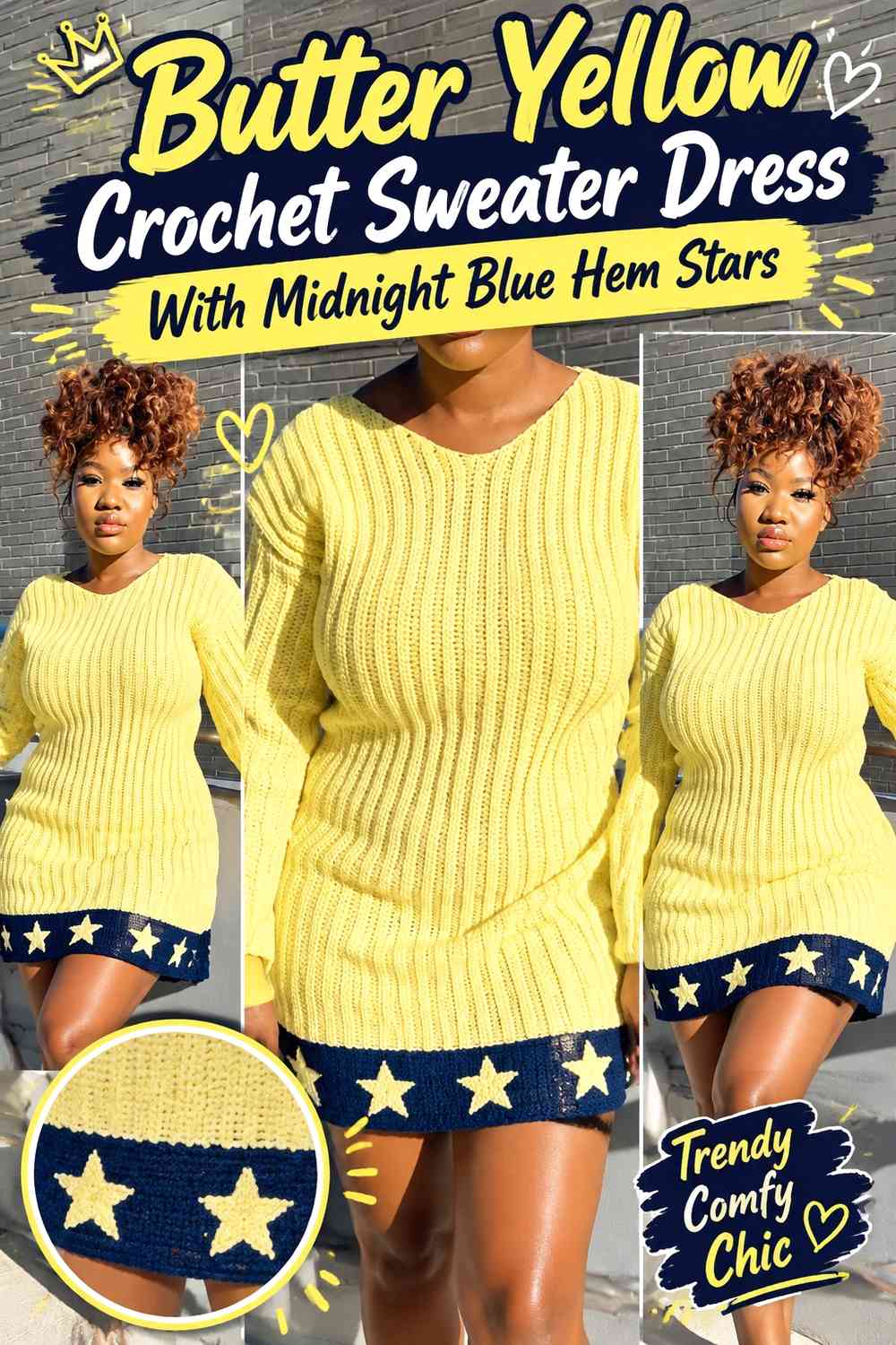 Butter Yellow Crochet Sweater Dress With Midnight Blue Hem Stars