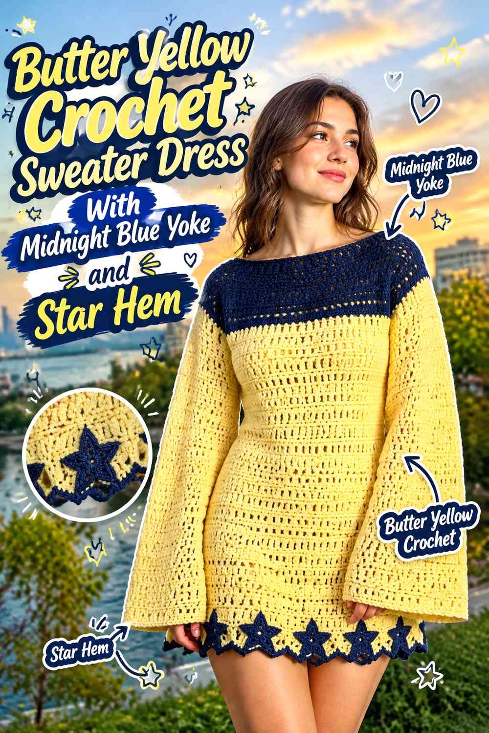 Butter Yellow Crochet Sweater Dress With Midnight Blue Yoke and Star Hem