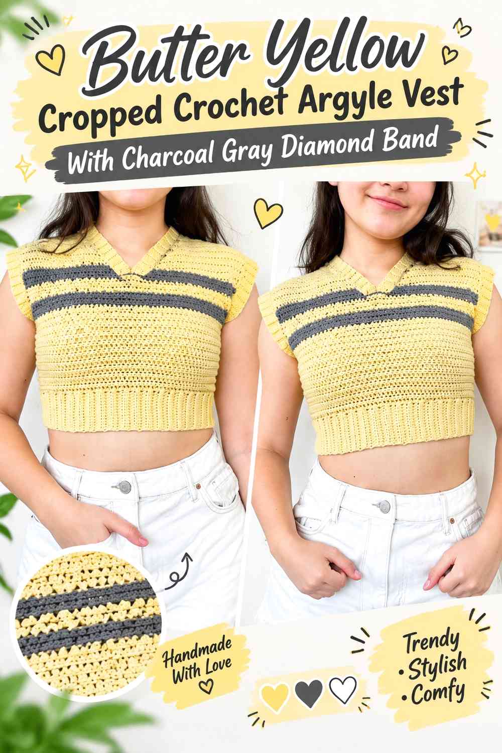 Butter Yellow Cropped Crochet Argyle Vest With Charcoal Gray Diamond Band