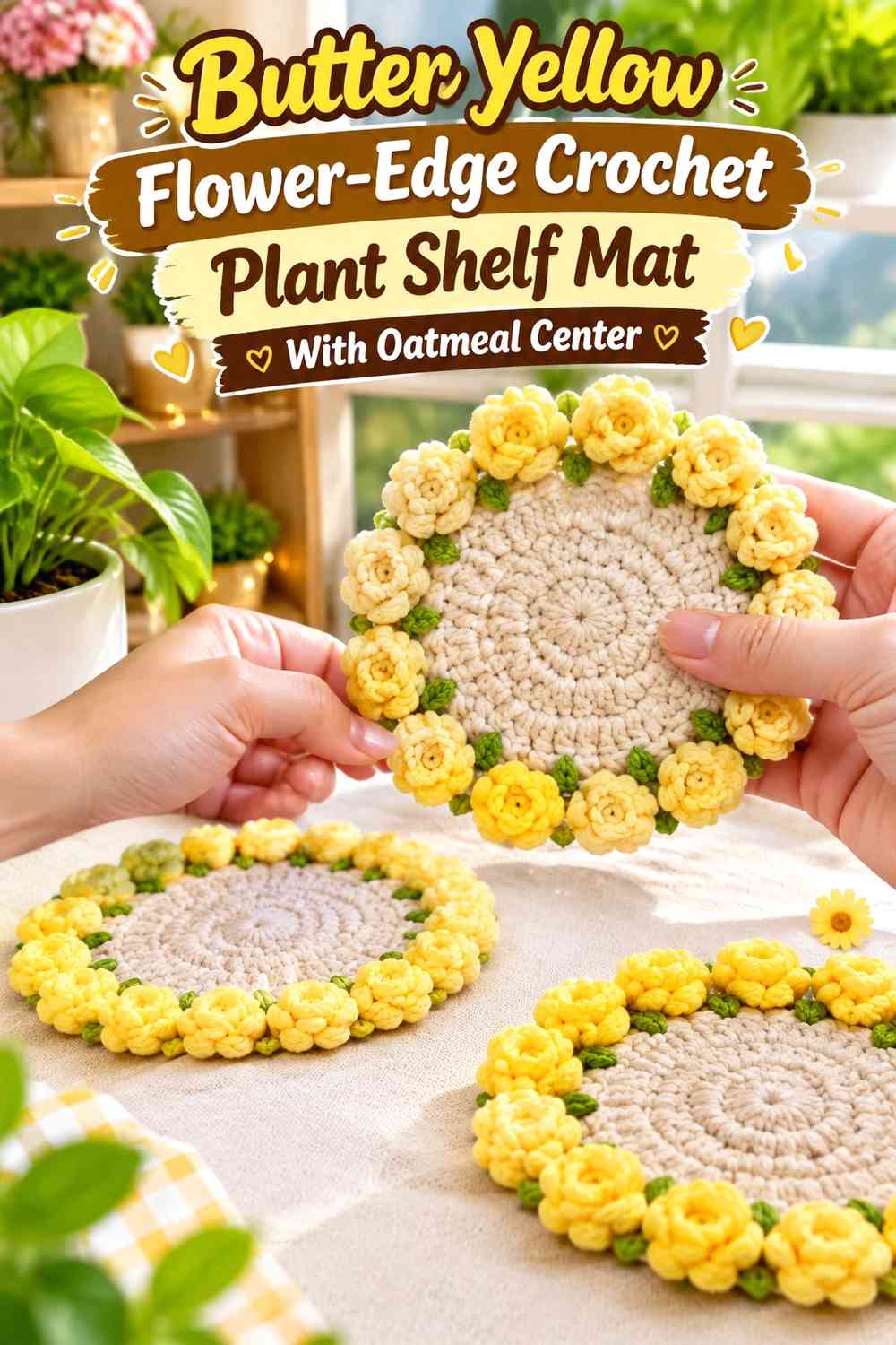 Butter Yellow Flower-Edge Crochet Plant Shelf Mat With Oatmeal Center