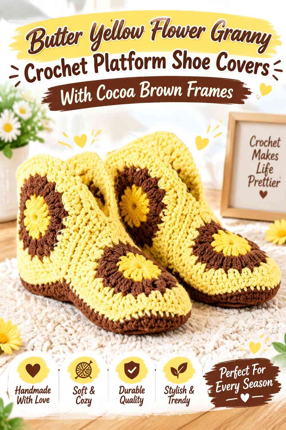 Butter Yellow Flower Granny Crochet Platform Shoe Covers With Cocoa Brown Frames