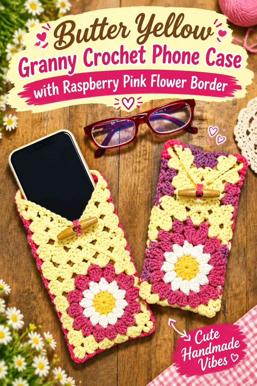 Butter Yellow Granny Crochet Phone Case with Raspberry Pink Flower Border