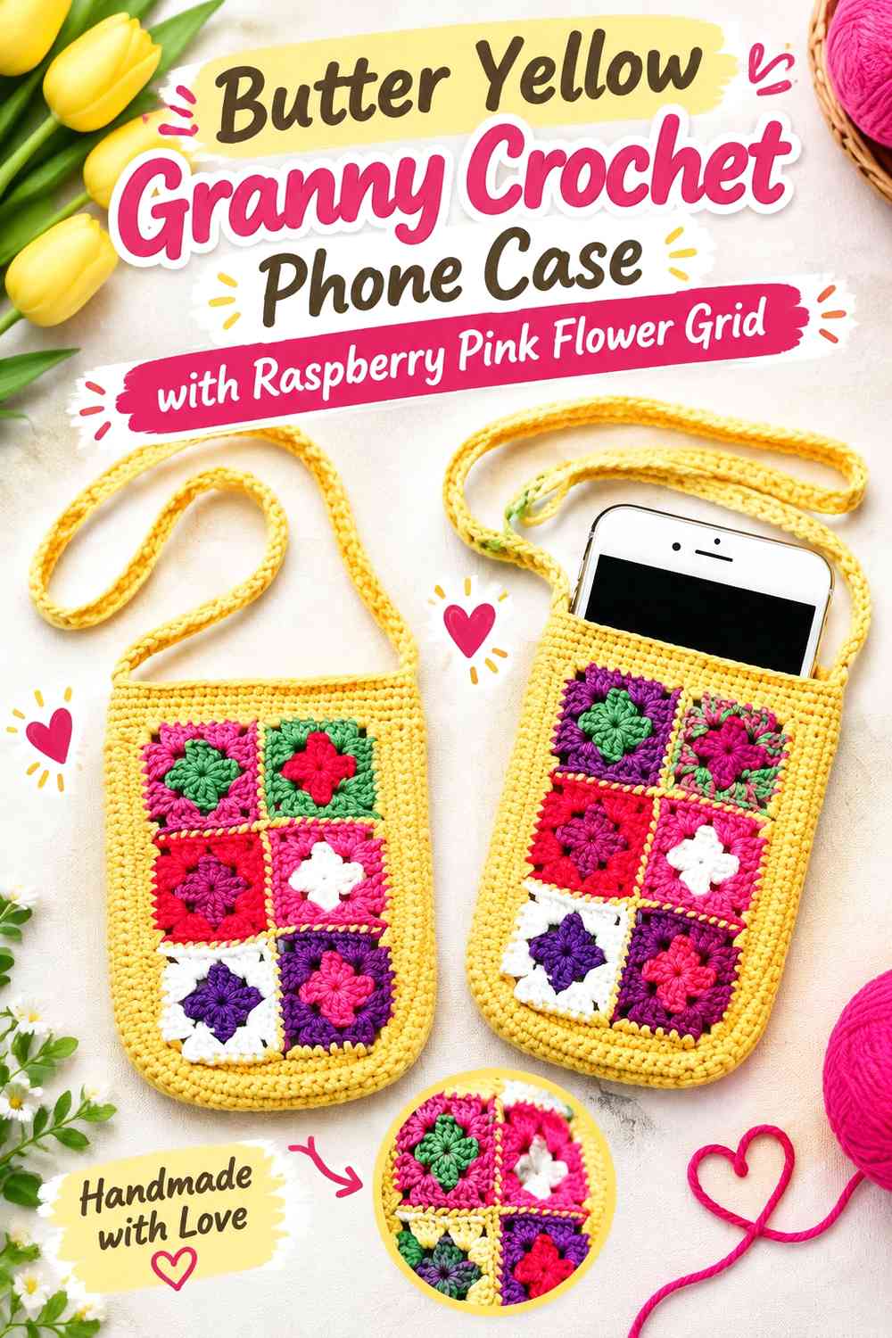 Butter Yellow Granny Crochet Phone Case with Raspberry Pink Flower Grid
