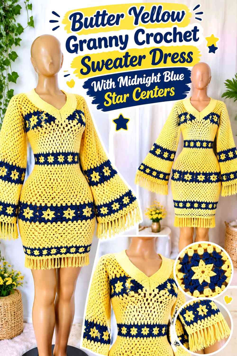 Butter Yellow Granny Crochet Sweater Dress With Midnight Blue Star Centers