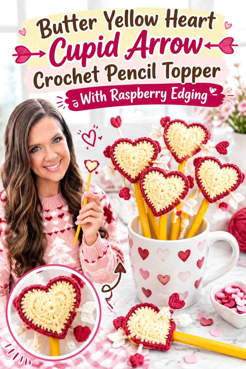 Butter Yellow Heart Cupid Arrow Crochet Pencil Topper With Raspberry Edging