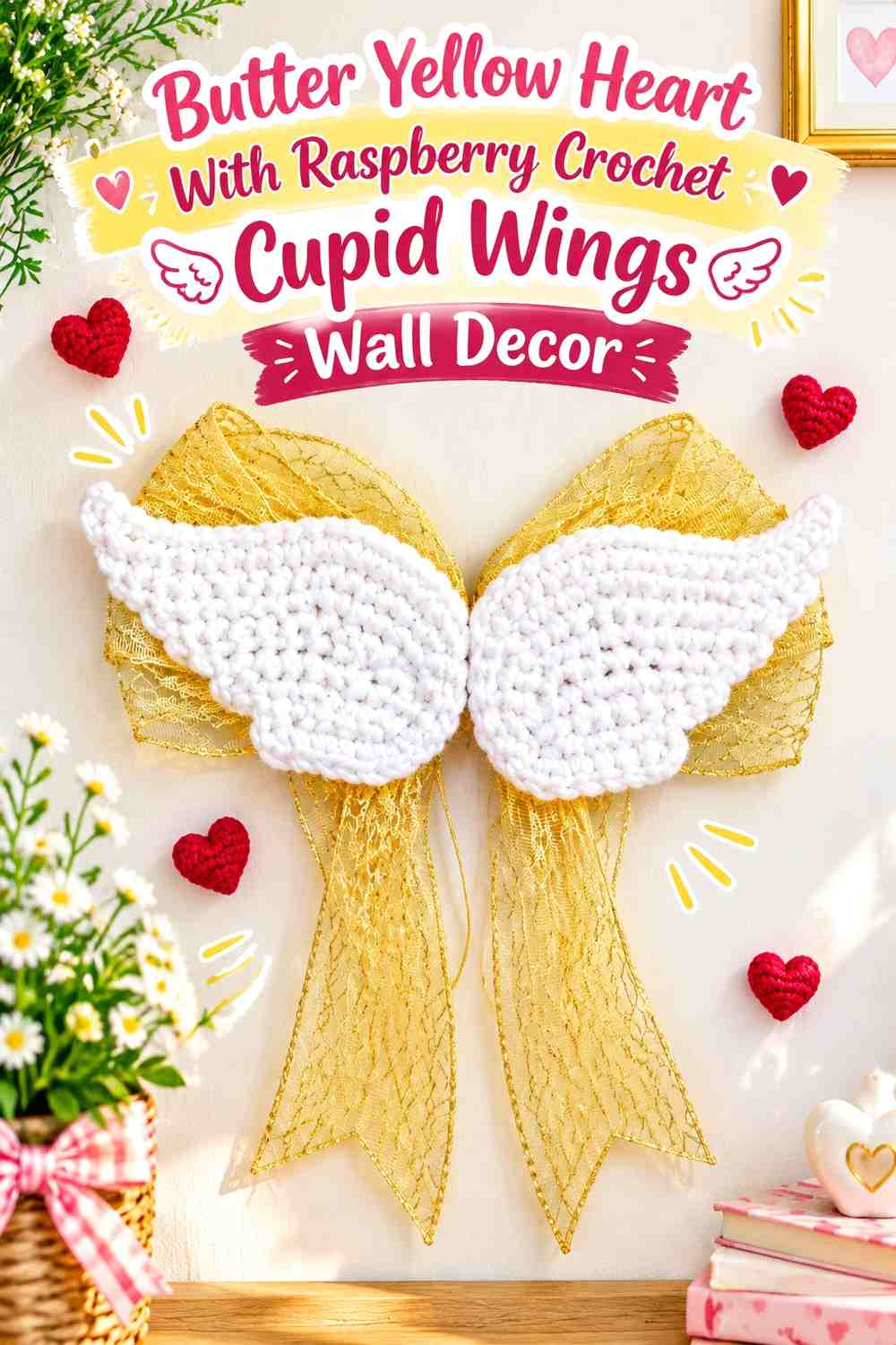 Butter Yellow Heart With Raspberry Crochet Cupid Wings Wall Decor
