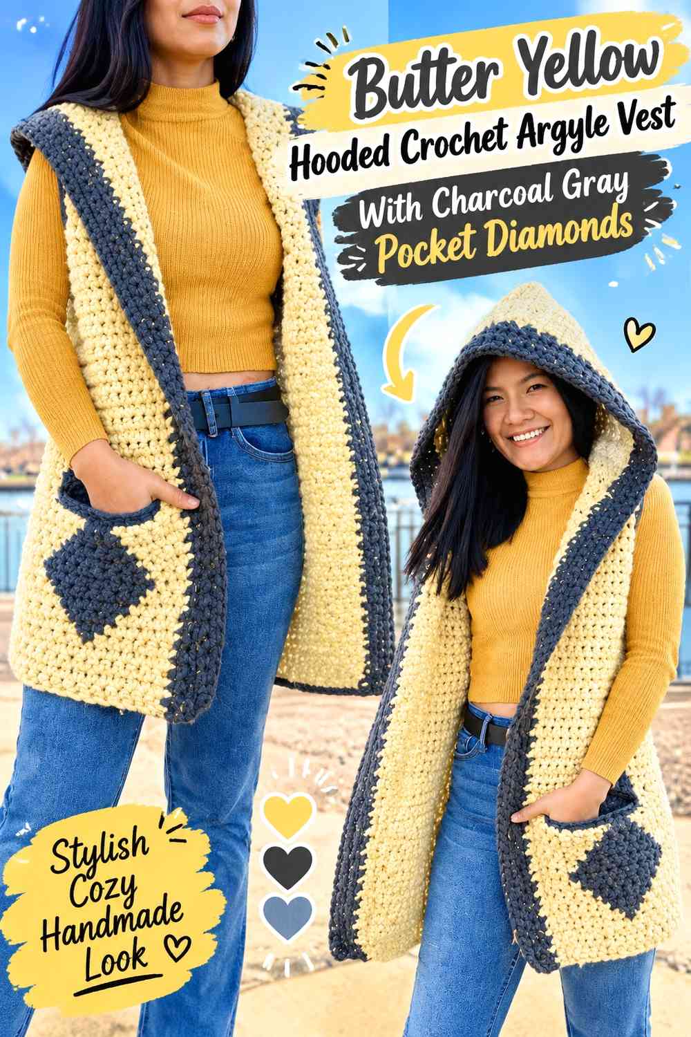 Butter Yellow Hooded Crochet Argyle Vest With Charcoal Gray Pocket Diamonds