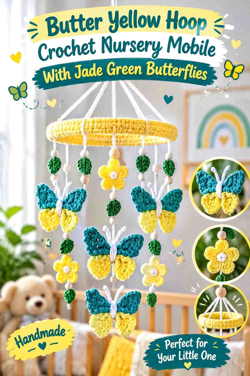 Butter Yellow Hoop Crochet Nursery Mobile With Jade Green Butterflies