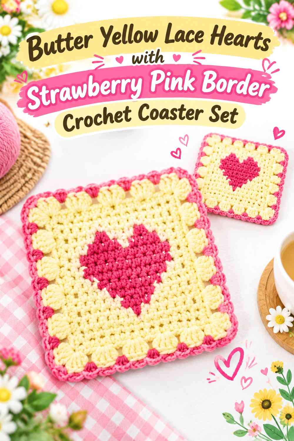 Butter Yellow Lace Hearts with Strawberry Pink Border Crochet Coaster Set