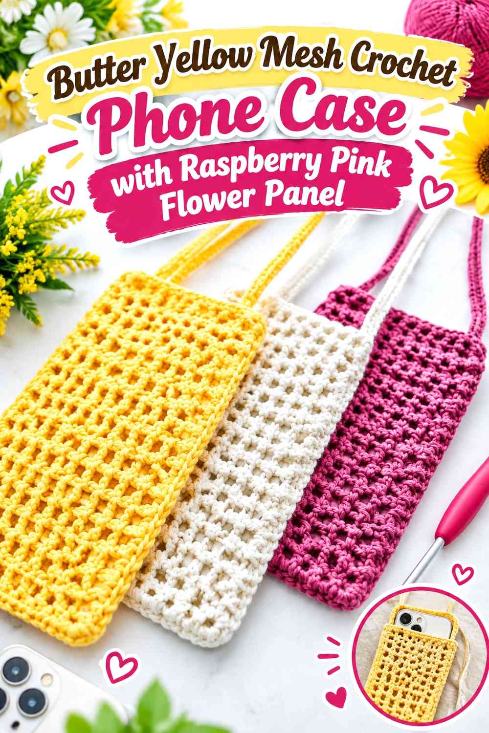 Butter Yellow Mesh Crochet Phone Case with Raspberry Pink Flower Panel