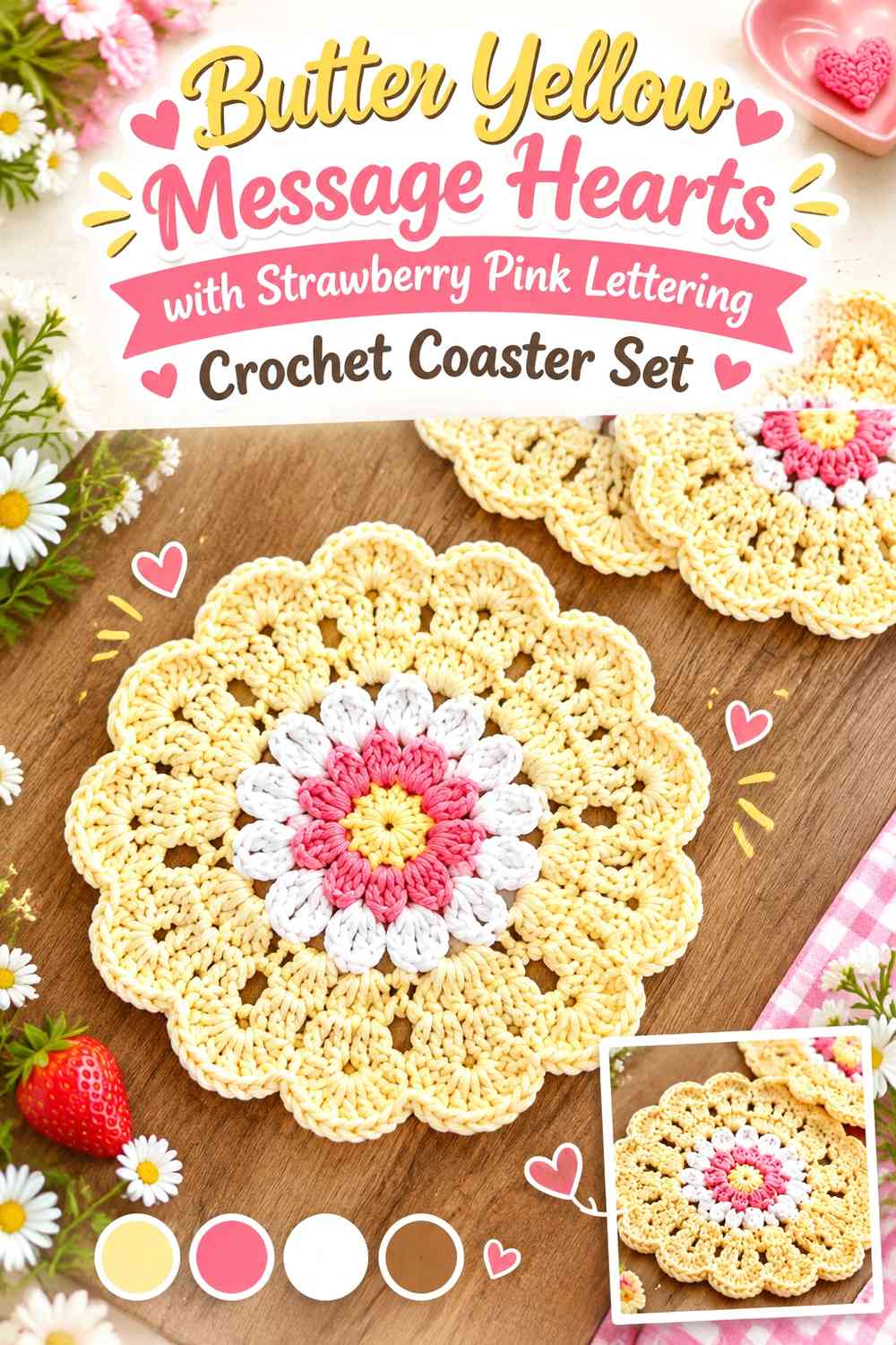 Butter Yellow Message Hearts with Strawberry Pink Lettering Crochet Coaster Set