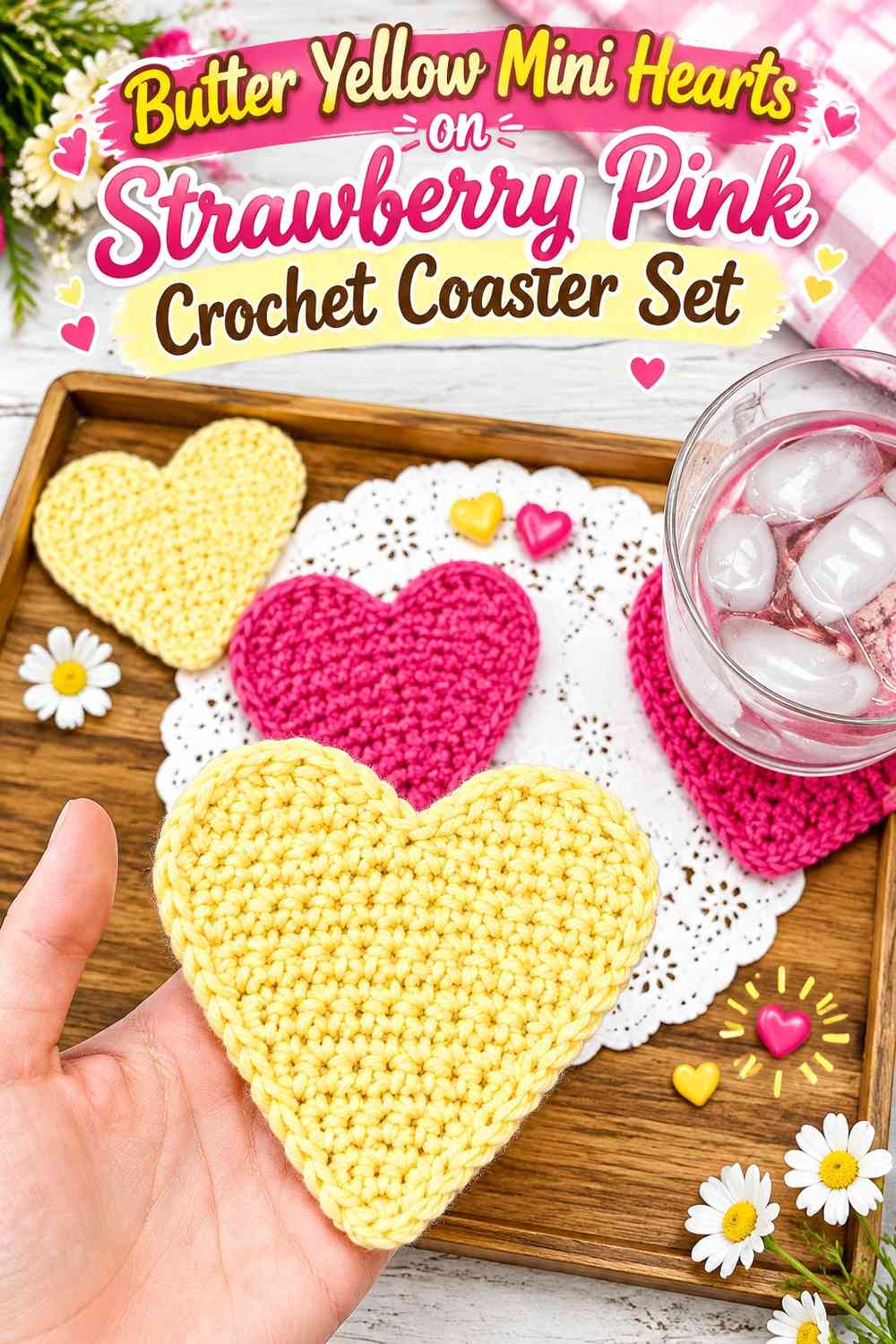 Butter Yellow Mini Hearts on Strawberry Pink Crochet Coaster Set
