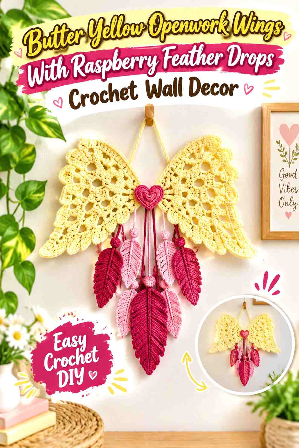 Butter Yellow Openwork Wings With Raspberry Feather Drops Crochet Wall Decor