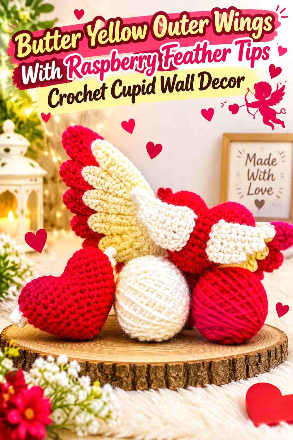 Butter Yellow Outer Wings With Raspberry Feather Tips Crochet Cupid Wall Decor