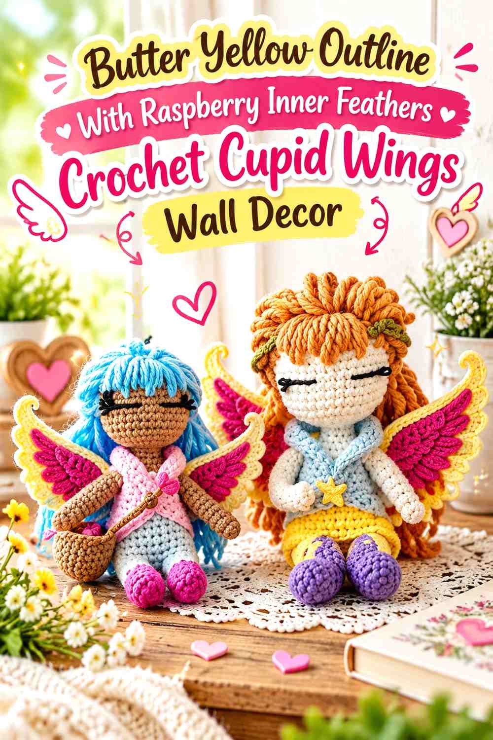 Butter Yellow Outline With Raspberry Inner Feathers Crochet Cupid Wings Wall Decor