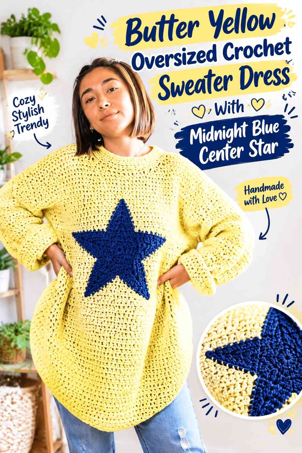 Butter Yellow Oversized Crochet Sweater Dress With Midnight Blue Center Star