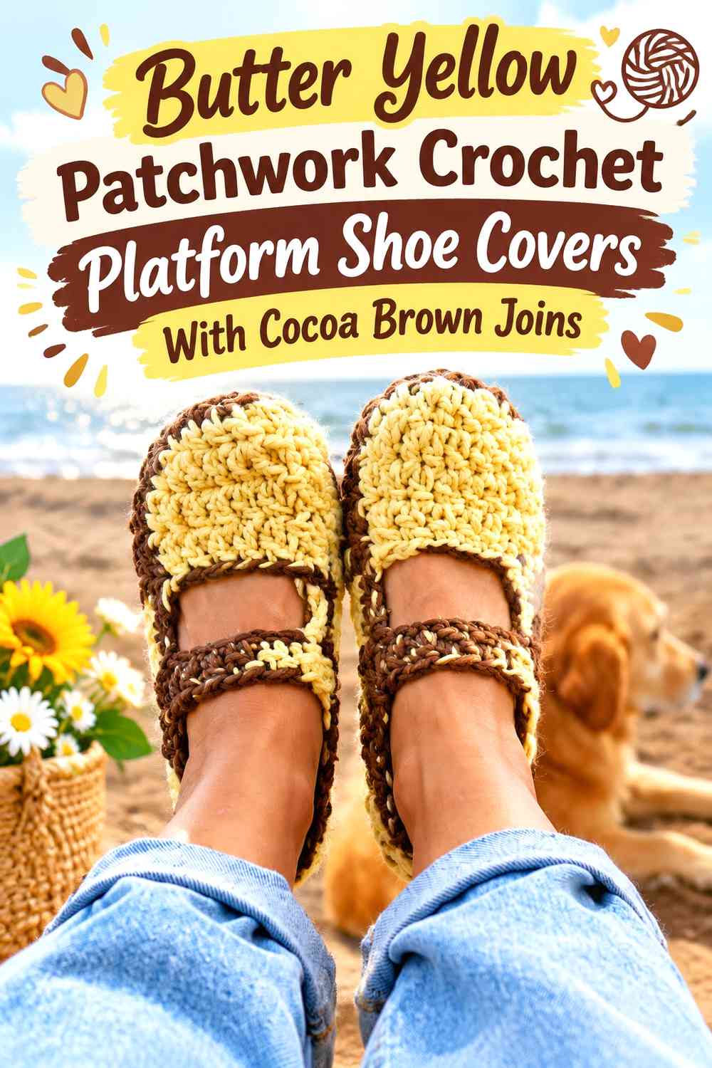 Butter Yellow Patchwork Crochet Platform Shoe Covers With Cocoa Brown Joins