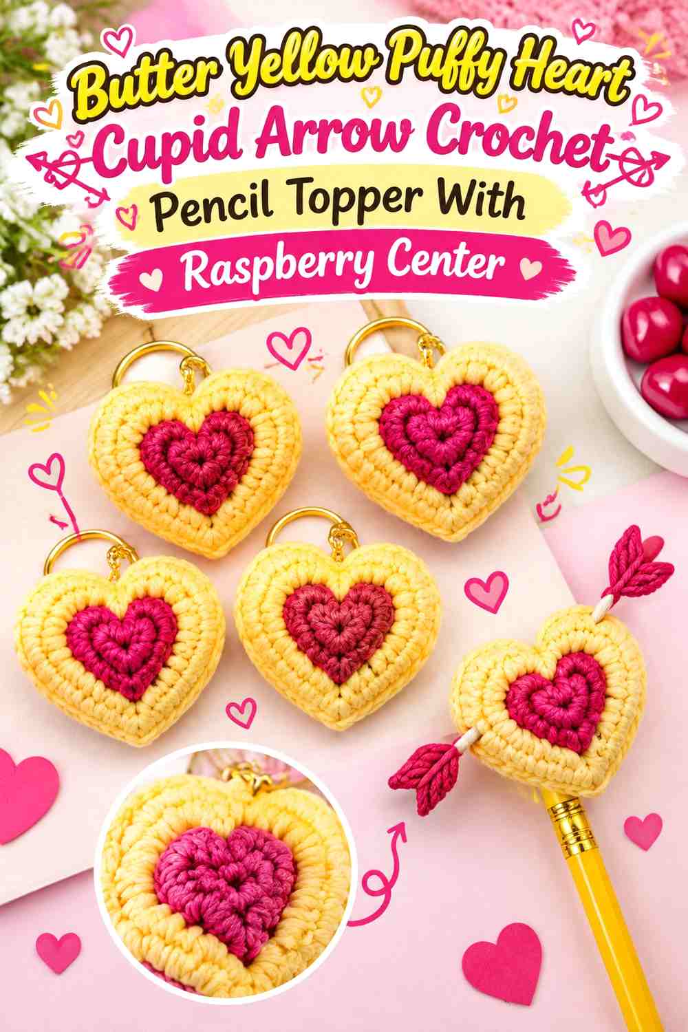 Butter Yellow Puffy Heart Cupid Arrow Crochet Pencil Topper With Raspberry Center