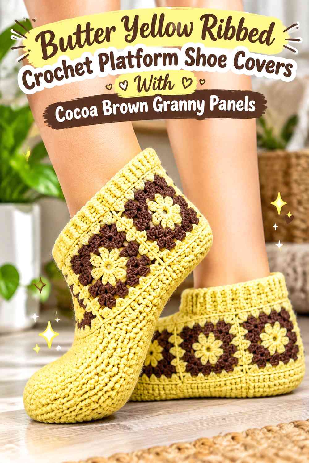 Butter Yellow Ribbed Crochet Platform Shoe Covers With Cocoa Brown Granny Panels