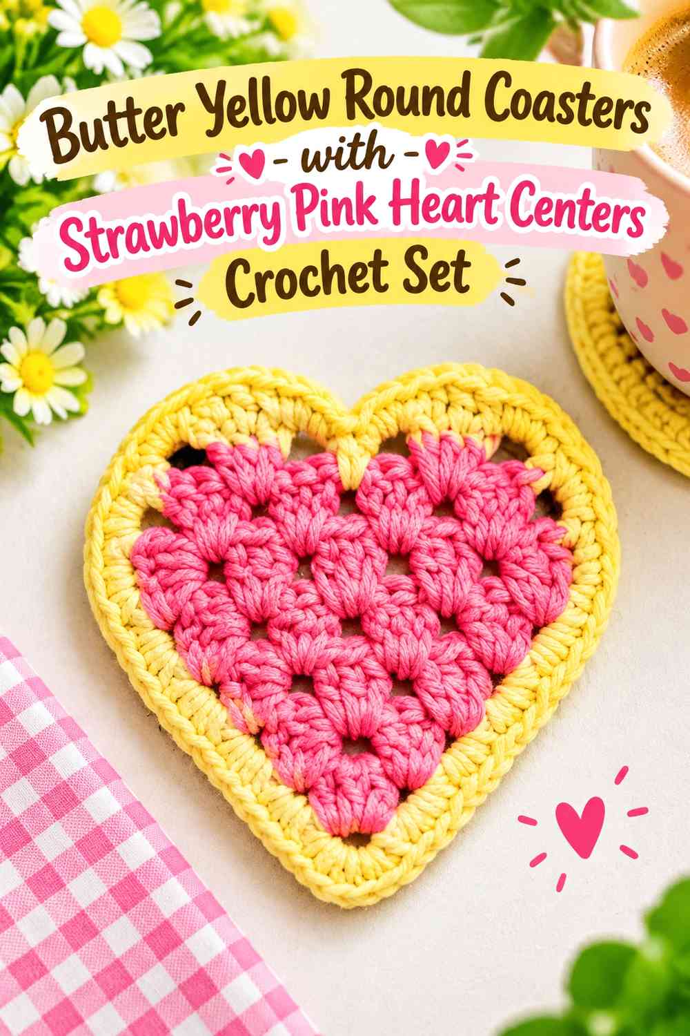 Butter Yellow Round Coasters with Strawberry Pink Heart Centers Crochet Set