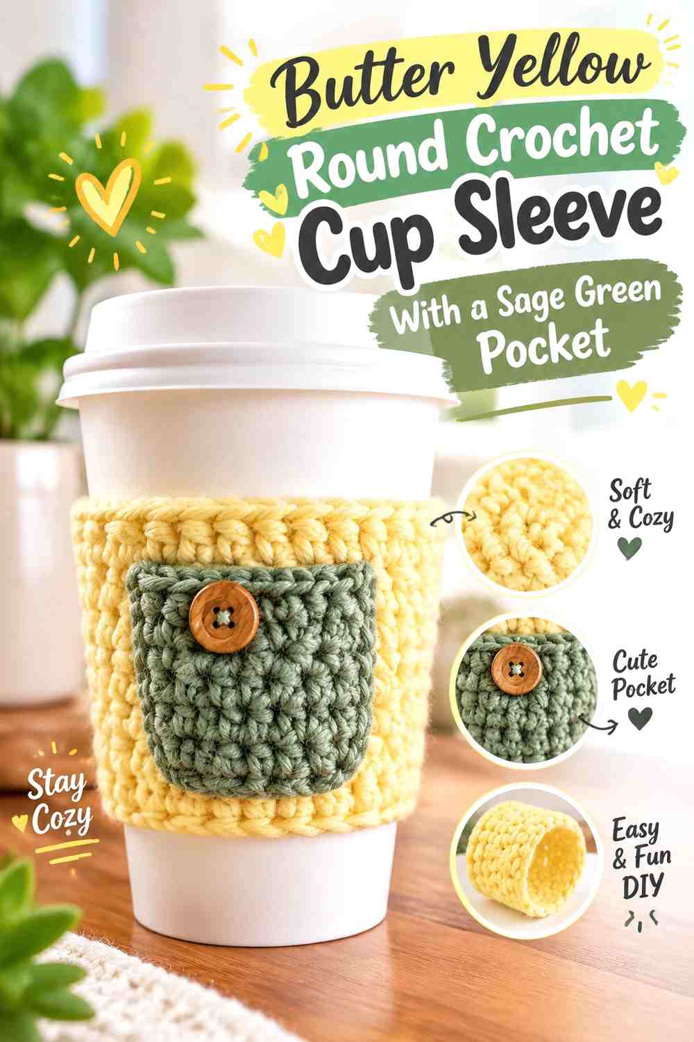 Butter Yellow Round Crochet Cup Sleeve With a Sage Green Pocket