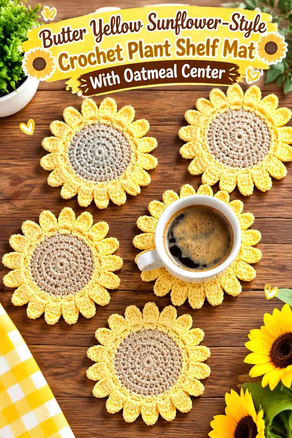 Butter Yellow Sunflower-Style Crochet Plant Shelf Mat With Oatmeal Center