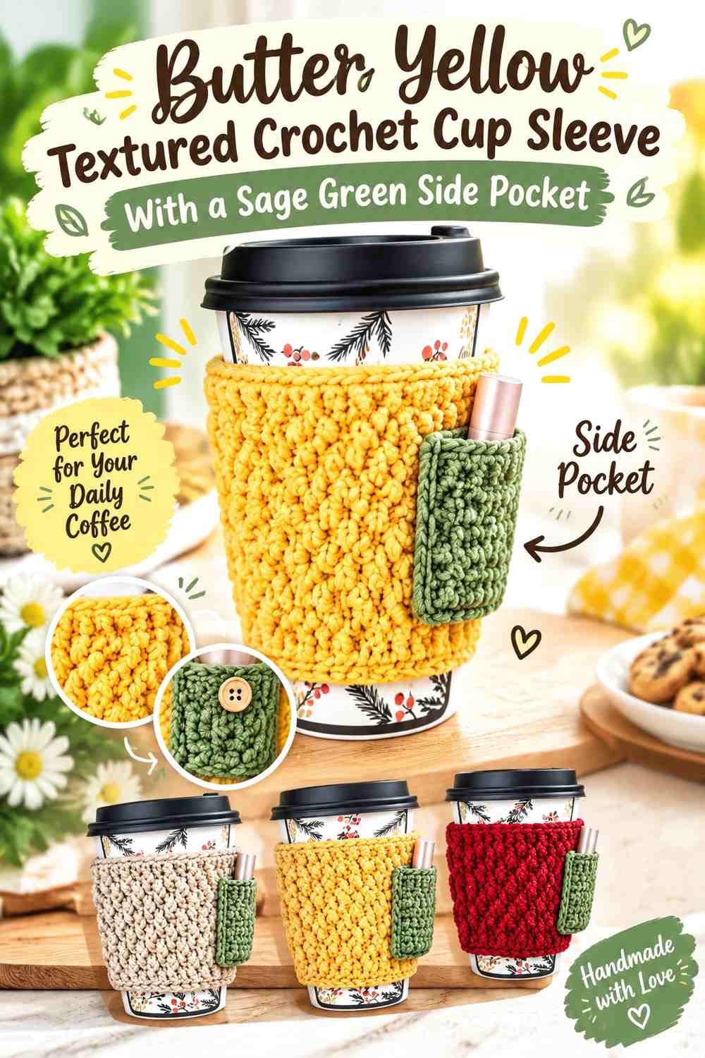 Butter Yellow Textured Crochet Cup Sleeve With a Sage Green Side Pocket