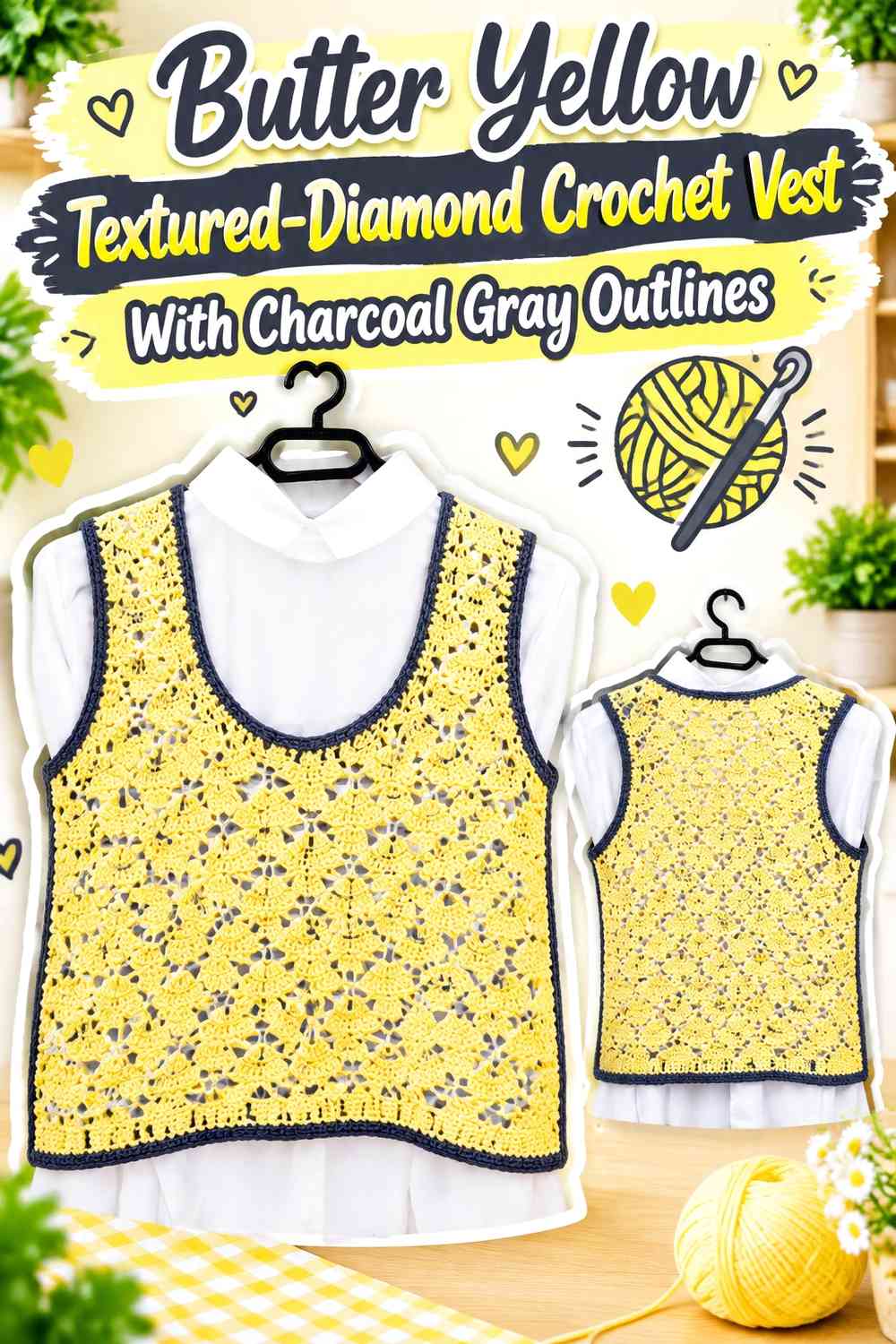 Butter Yellow Textured-Diamond Crochet Vest With Charcoal Gray Outlines