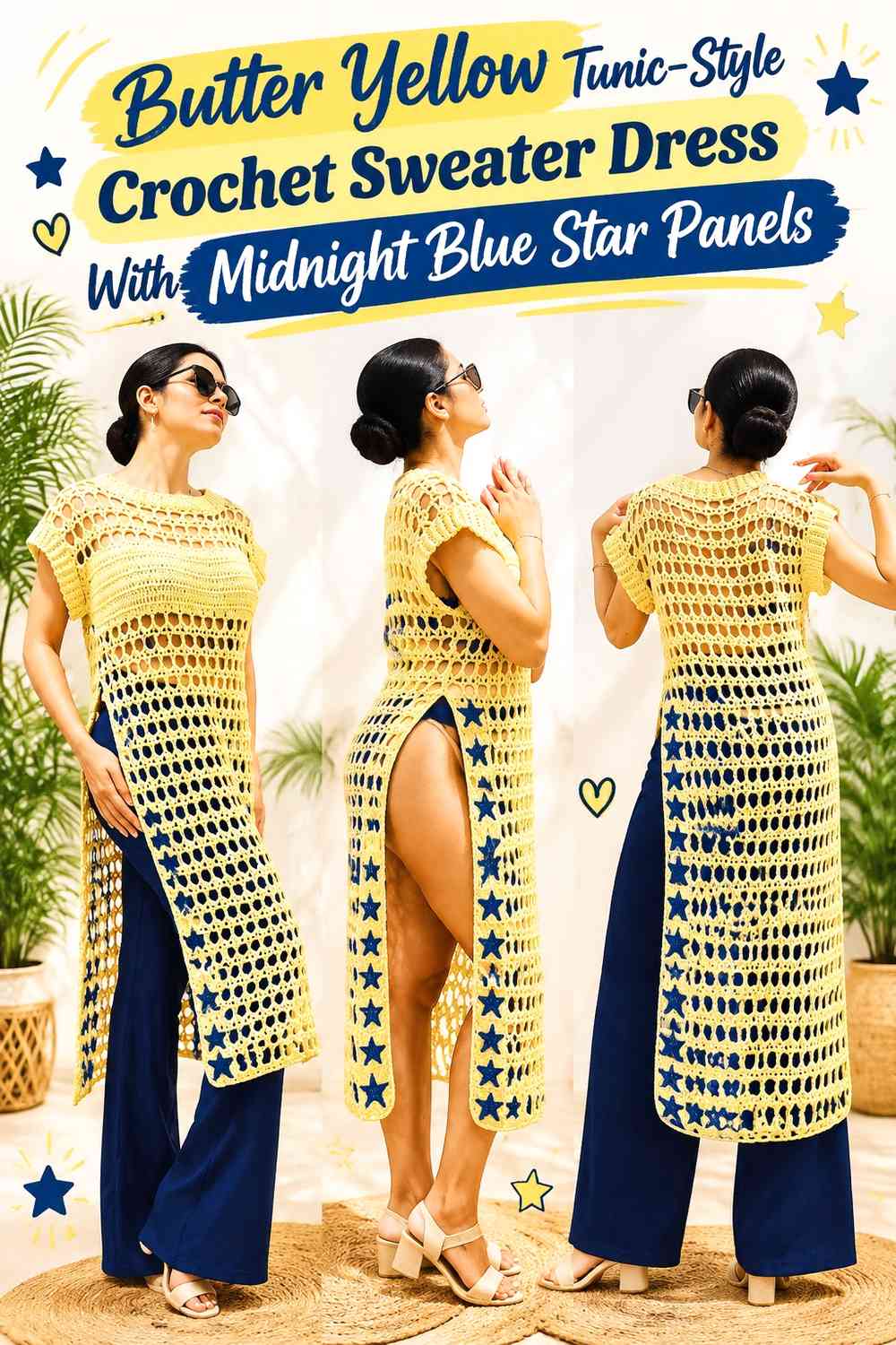 Butter Yellow Tunic-Style Crochet Sweater Dress With Midnight Blue Star Panels
