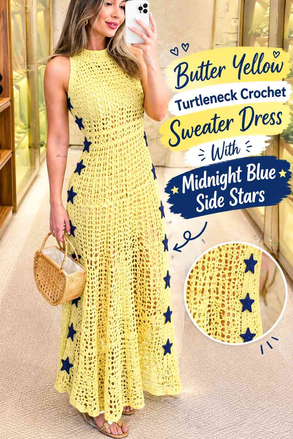 Butter Yellow Turtleneck Crochet Sweater Dress With Midnight Blue Side Stars