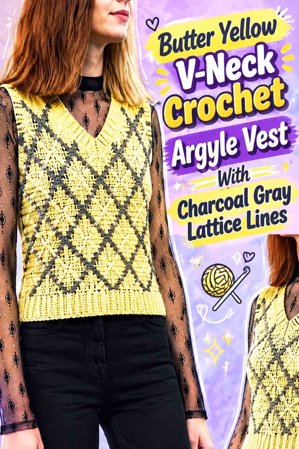 Butter Yellow V-Neck Crochet Argyle Vest With Charcoal Gray Lattice Lines