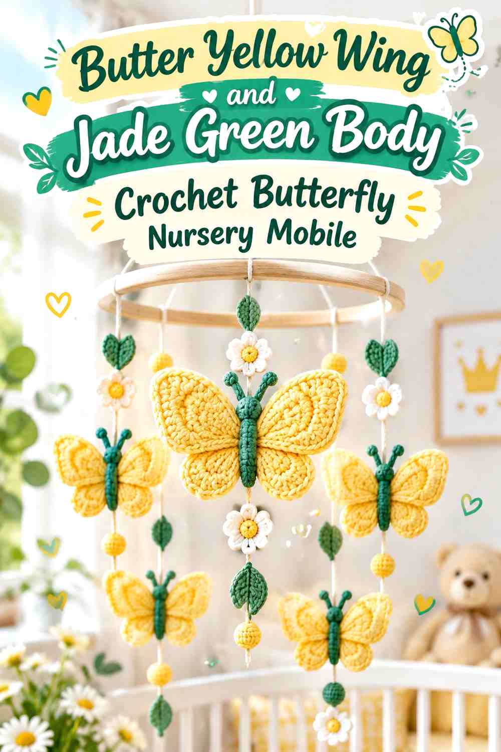 Butter Yellow Wing and Jade Green Body Crochet Butterfly Nursery Mobile
