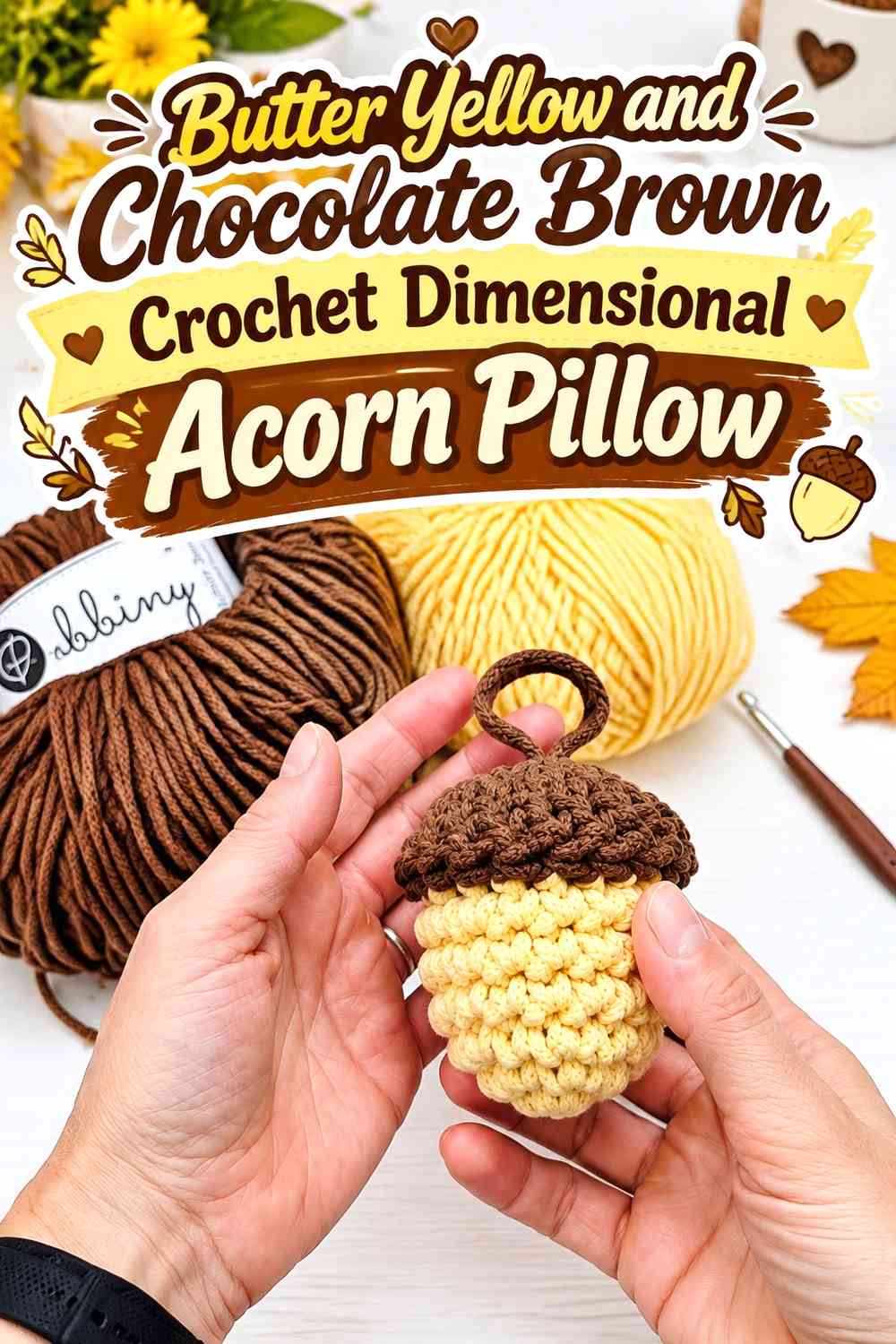 Butter Yellow and Chocolate Brown Crochet Dimensional Acorn Pillow