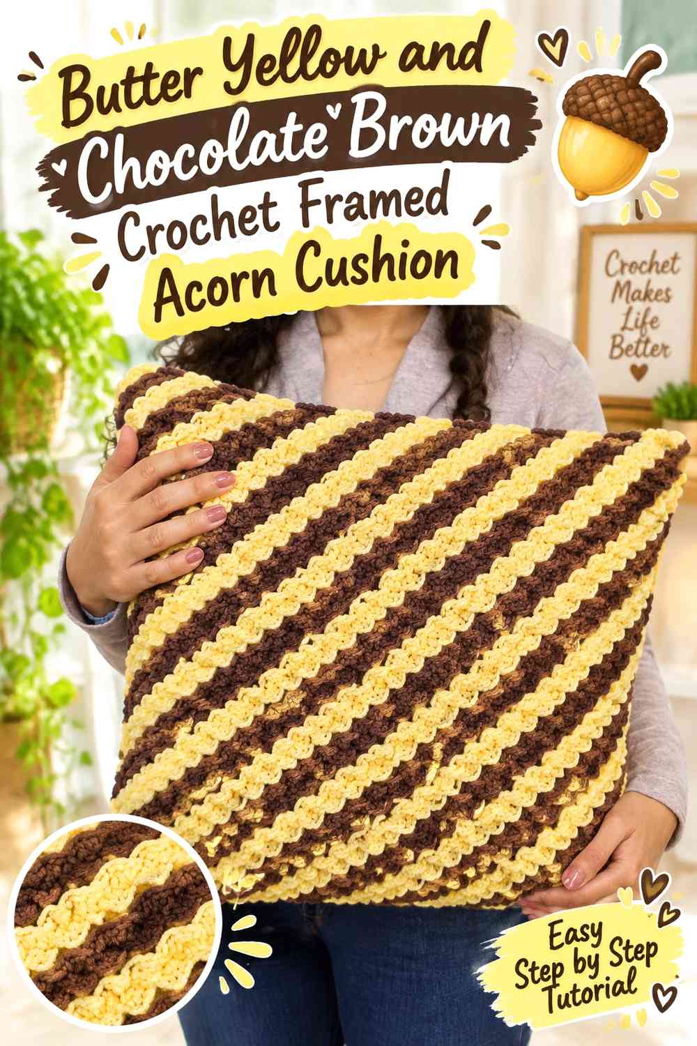 Butter Yellow and Chocolate Brown Crochet Framed Acorn Cushion