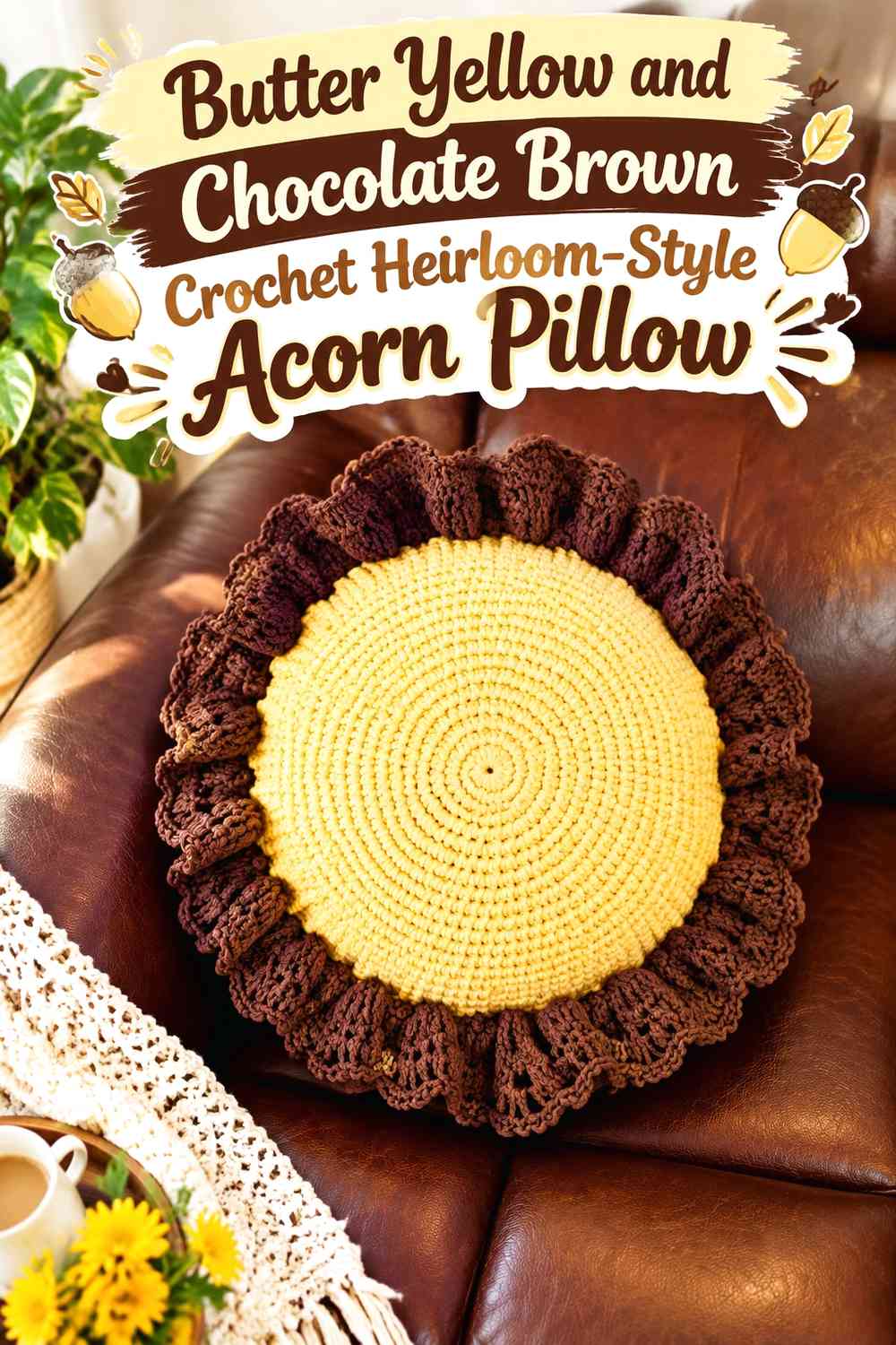 Butter Yellow and Chocolate Brown Crochet Heirloom-Style Acorn Pillow
