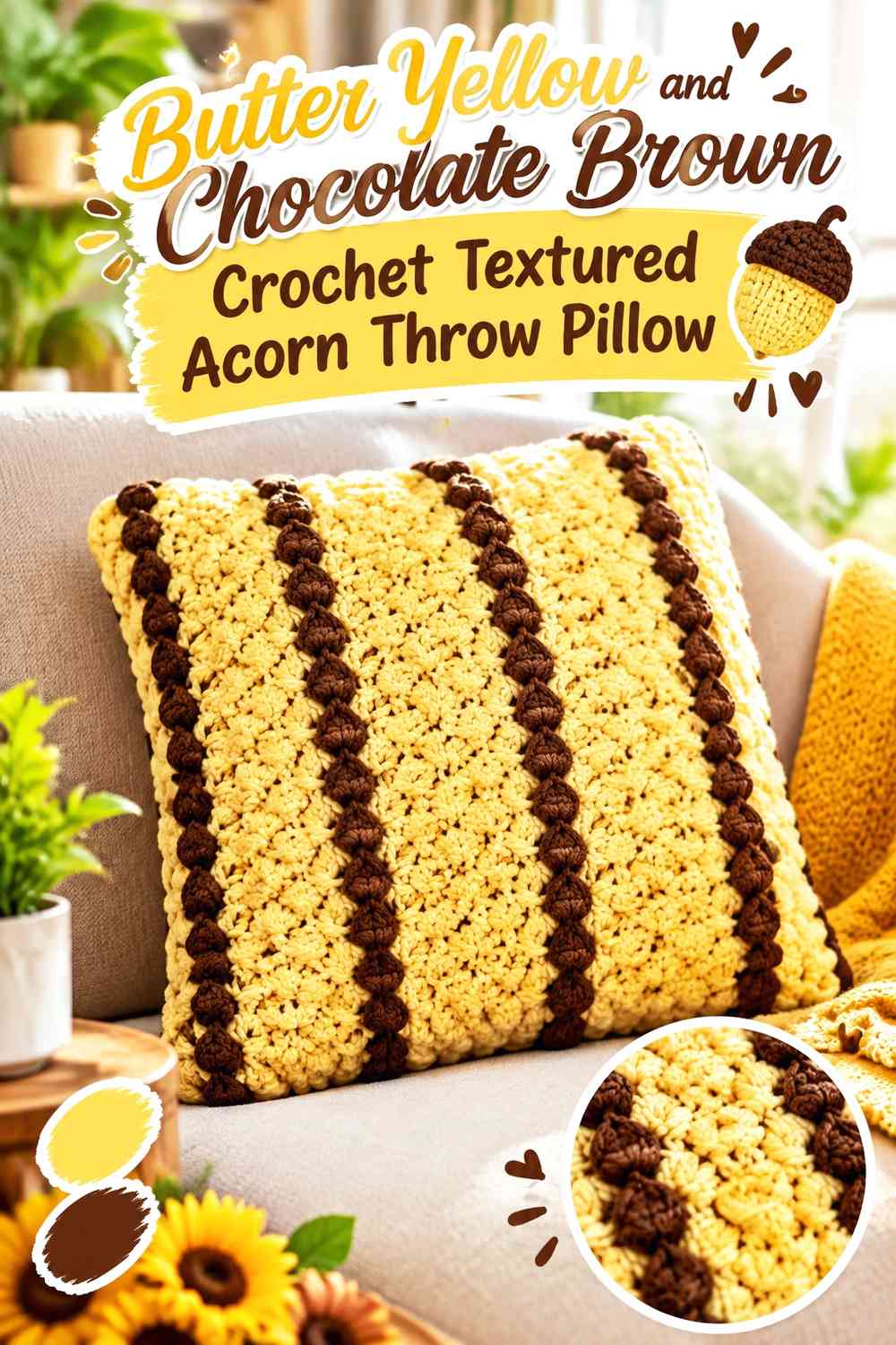 Butter Yellow and Chocolate Brown Crochet Textured Acorn Throw Pillow