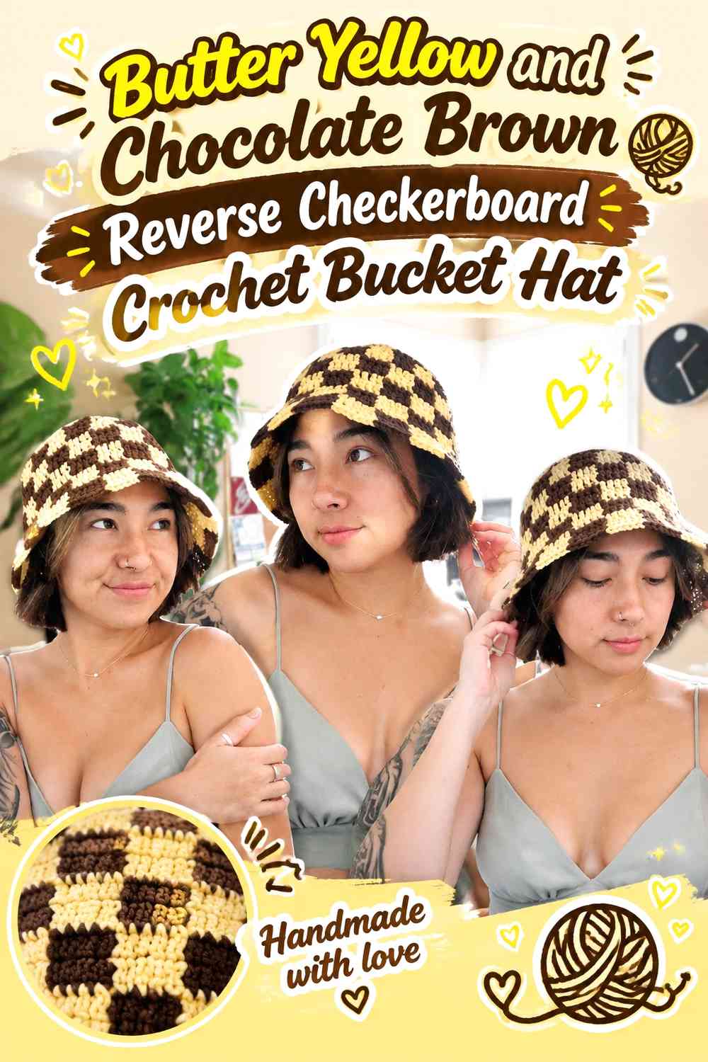Butter Yellow and Chocolate Brown Reverse Checkerboard Crochet Bucket Hat