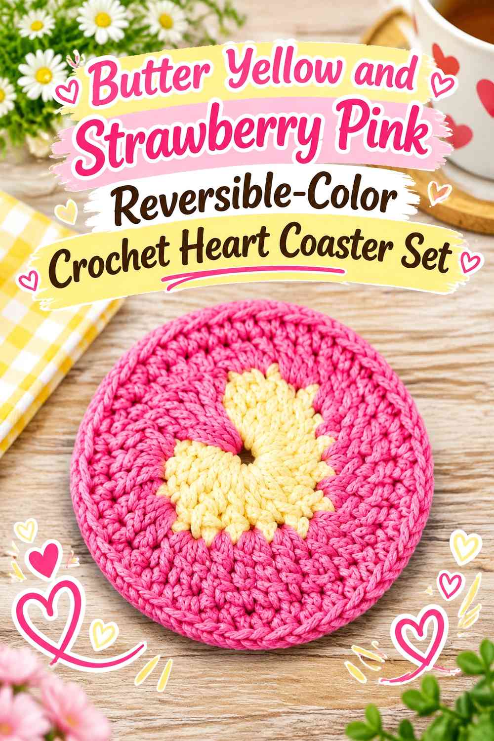 Butter Yellow and Strawberry Pink Reversible-Color Crochet Heart Coaster Set