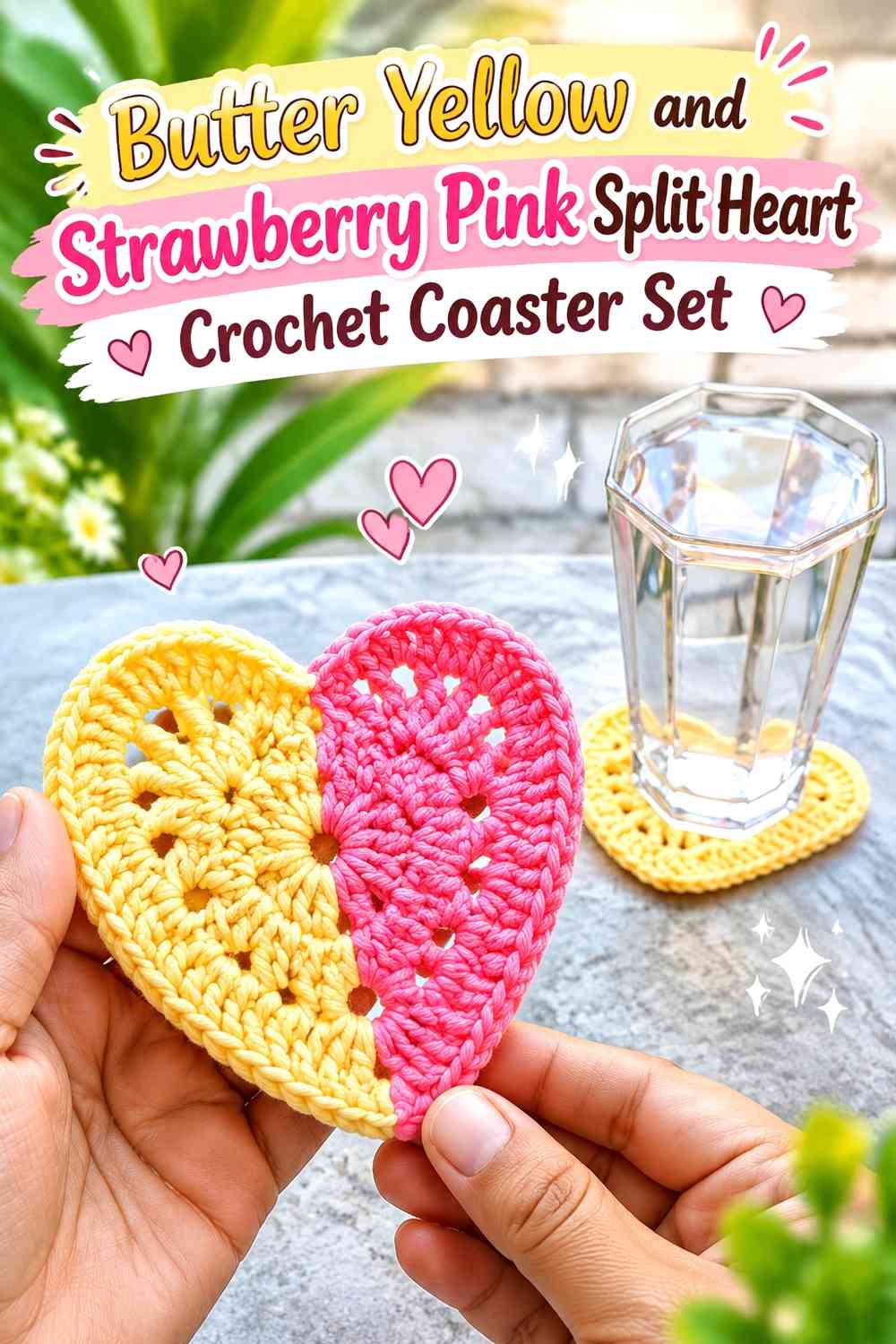 Butter Yellow and Strawberry Pink Split Heart Crochet Coaster Set