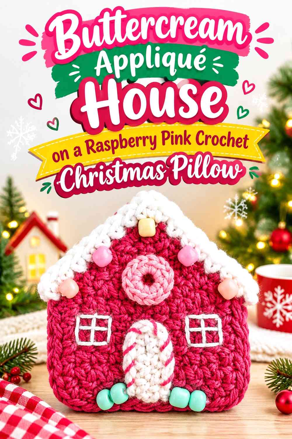 Buttercream Appliqué House on a Raspberry Pink Crochet Christmas Pillow