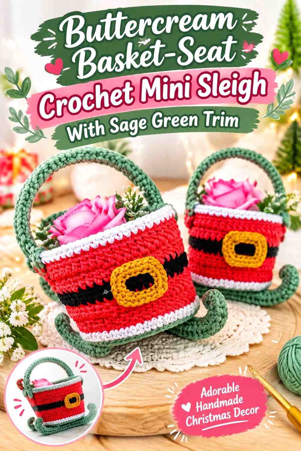 Buttercream Basket-Seat Crochet Mini Sleigh With Sage Green Trim